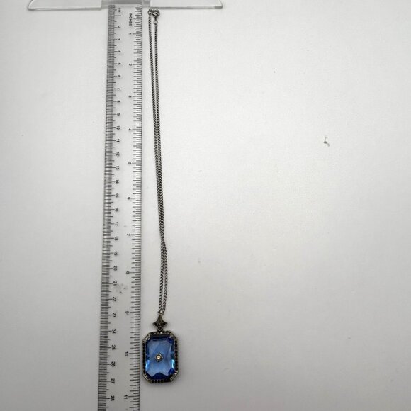 Vintage Art Deco Blue Emerald Cut Glass Pendant Necklace Silver Tone 18” - Picture 6 of 12